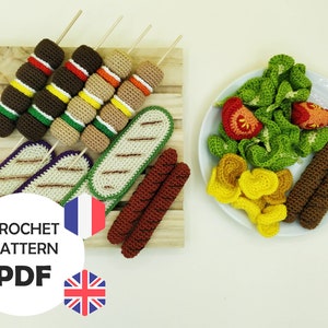 May include: Crochet pattern PDF for a set of amigurumi food items, including a skewer of meatball kabobs, two baguette loaves, two sausage links, and a salad with lettuce, tomatoes, and potato chips.