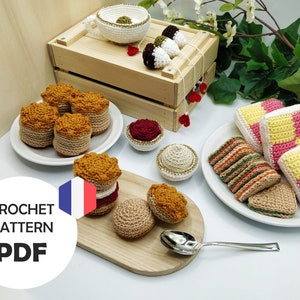 Tea Party, crochet dinette pattern (PDF FR) teacup, scones, finger sandwiches, Battenberg cake