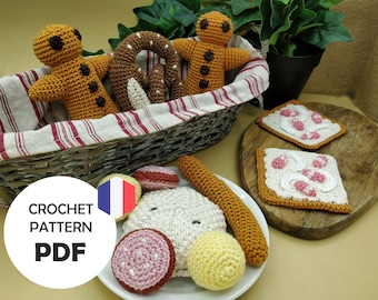 Crochet pattern Lalu's Dinette Chez l'Alsacien, pretzel mannele flammekueche and cotton sauerkraut tutorials for children