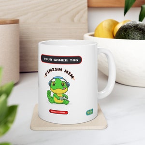 Custom name Geko Finish Him Retro Gamer Ceramic Mug 11oz
