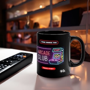 Custom name Retro Arcade game inspired 11oz Black Mug