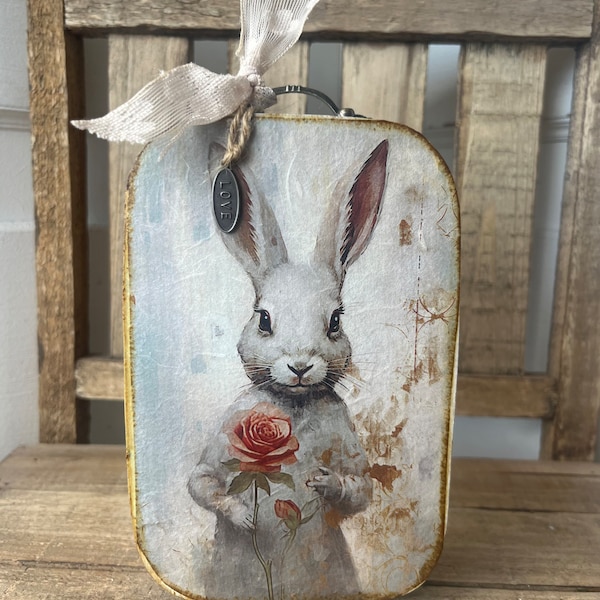 Vintage rabbit artwork plaque for trays or mantel •The perfect basket filler gift or Easter picture.