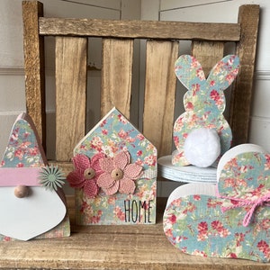 Floral bunny , gnome & plaque decor • spring green country chic mantel set or tier tray