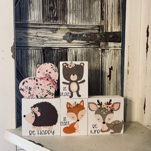 Baby girl nursery room decor WOODLAND animals pink flowers blocks shelf
