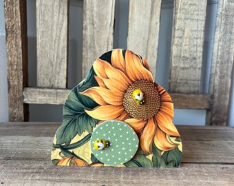 BEE on sunflower hive decor • charming handmade wood accent and great bee lover gift