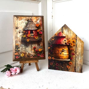 Rustic floral Bee Hive Decor for Shelf or Mantel - Unique cottage style Gift Idea