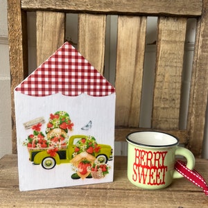 STRAWBERRY gnome sign for summer shelf or tier tray decor in a country kitchen