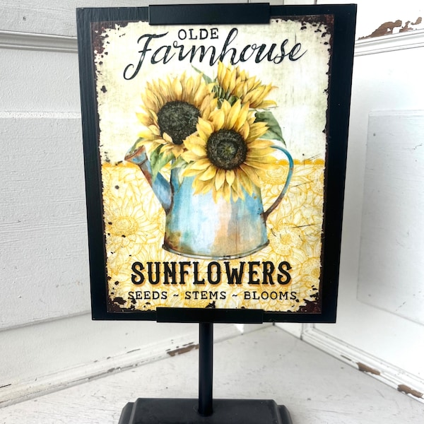 Vintage SUNFLOWER sign for fall shelf decor with pedestal antique picture for autumn mantel
