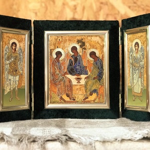 Icon &quot;Holy Trinity&quot; (icon of Andrei Rublev). Triptych icon in velvet. Home decoration. Christian gifts. Buy a gift