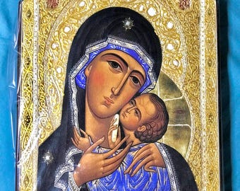 Оrtodox Icon of the Mother of God &quot;Kasperovskaya&quot;. Volumetric hand-painted ornament. Wall decoration. Handmade Christian art for a gift.