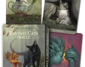 May include: A deck of Fantasy Cats Oracle cards by Paolo Barbieri featuring a box with a black cat and a leaf-like figure. The cards display illustrations of cats with fairies, including a kitten in a floral teapot and a white cat with a person.