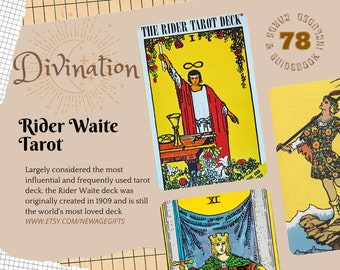 May include: The Rider Tarot Deck set featuring 78 cards and a guidebook. The display includes the Magician card with a yellow background, a figure in a red robe, and a table with symbols, alongside other tarot cards with illustrated figures.
