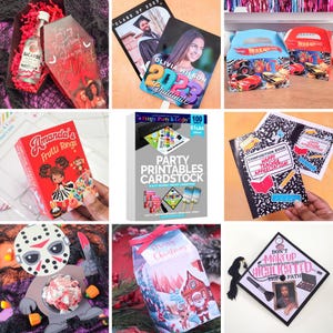May include: A collage of nine images showcasing various party supplies and decorations. The images include a graduation cap, a graduation party favor box, a teacher appreciation notebook, a Christmas gift box, a Halloween treat box, a party printable cardstock pack, a bottle of liquor, a box of fruit rings, and a graduation cap decorated with makeup.