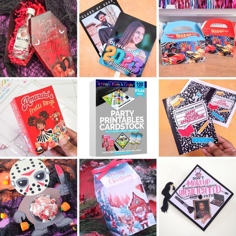 May include: A collage of nine images showcasing various party supplies and decorations. The images include a graduation cap, a graduation party favor box, a teacher appreciation notebook, a Christmas gift box, a Halloween treat box, a party printable cardstock pack, a bottle of liquor, a box of fruit rings, and a graduation cap decorated with makeup.
