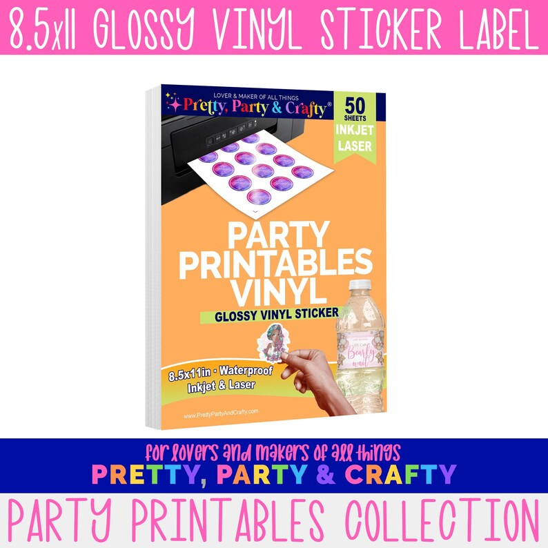 The best waterproof sticker paper for stickers and labels. Party Printable Vinyl | Glossy Sticker Paper | Waterproof Sticker Paper | Waterproof Printable Vinyl | 8.5x11 sticker Sheet. 50 sheet pack of 8.5x11 inch glossy vinyl sticker sheets. The labels are waterproof and compatible with inkjet and laser printers. Part of Pretty Party & Crafty's Party Printables Paper collection