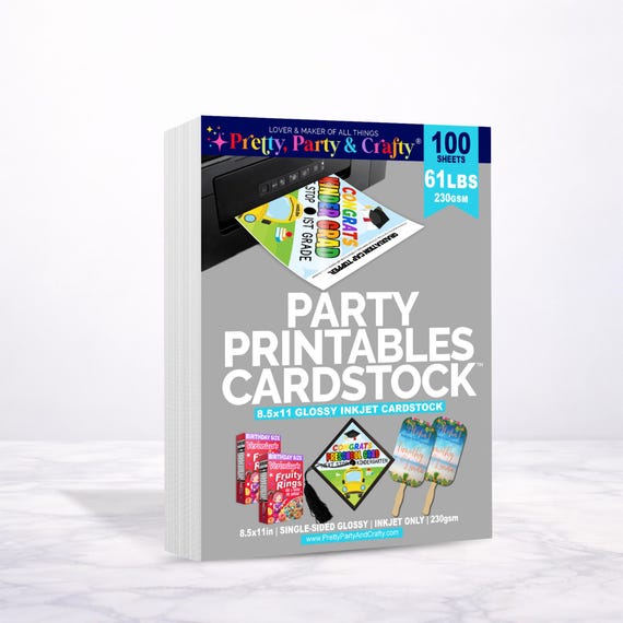 Party Printable Cardstock: 8.5x11 Glossy Cardstock for Inkjet Printers for cards, toppers and favor boxes, 100 sheets, 230gsm
