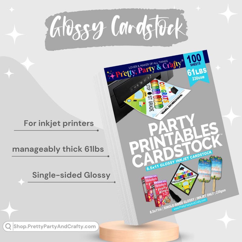 May include: A pack of 100 sheets of 61lb glossy cardstock, perfect for inkjet printers. The cardstock is single-sided and measures 8.5 x 11 inches. The pack is labeled "Pretty, Party & Crafty" and features a variety of party printable designs.