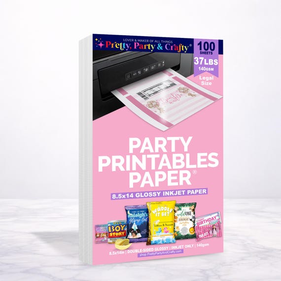 Party Printable Paper: 8.5x14 Thin Glossy Inkjet Paper for Chip Bags and Treat Wrappers 100 sheets, 140gsm
