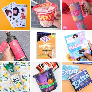 May include: A collection of various products featuring different designs and themes.  The products include stickers, a wine bottle, a cup, a package of printable vinyl stickers, a package of cookies, a bottle of lemon juice, a container of pudding, and a pencil case.
