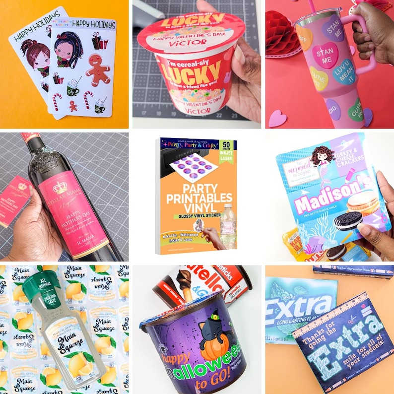 May include: A collection of various products featuring different designs and themes.  The products include stickers, a wine bottle, a cup, a package of printable vinyl stickers, a package of cookies, a bottle of lemon juice, a container of pudding, and a pencil case.