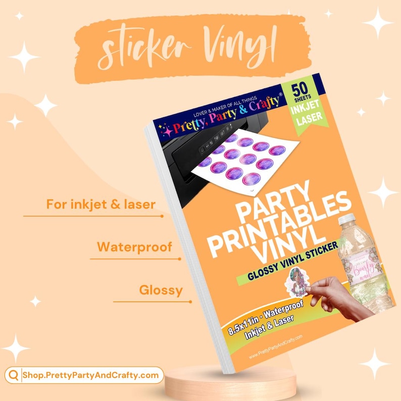 May include: A pack of 50 sheets of glossy waterproof vinyl sticker paper for inkjet and laser printers. The paper is 8.5 x 11 inches and is perfect for creating custom labels, stickers, and decals. The image shows a printer printing out a sheet of stickers and a bottle with a custom label.