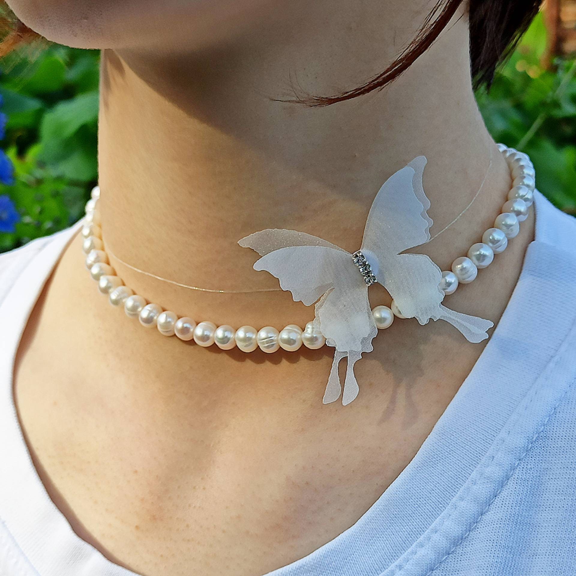 White bride necklace  Freshwater pearl necklace  Transparent white floating butterfly necklace