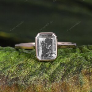 2.0CT Emerald Shaped Real Herkimer Diamond Quartz Anniversary Ring, Solitaire Ring,Galaxy Salt Pepper Diamond Engagement Ring for Women Gift