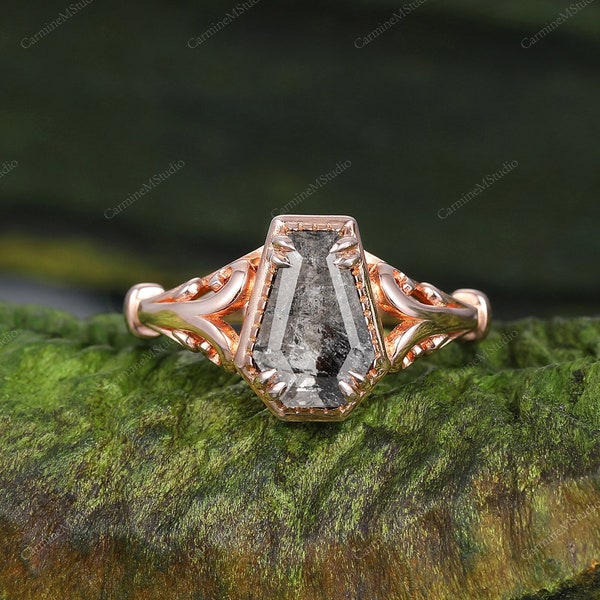 Coffin Cut Raw Galaxy Salt Pepper Diamond Anniversary Ring,Fine Jewelry,Bezel Set Coffin Shaped Real Herkimer Diamond Quartz Engagement Ring