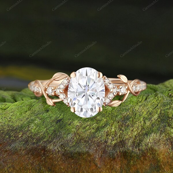 Oval Moissanite Engagement ring Rose gold Unique anniversary bridal ring Twig Diamond Twist ring branch design leaf ring ladies jewelry gold