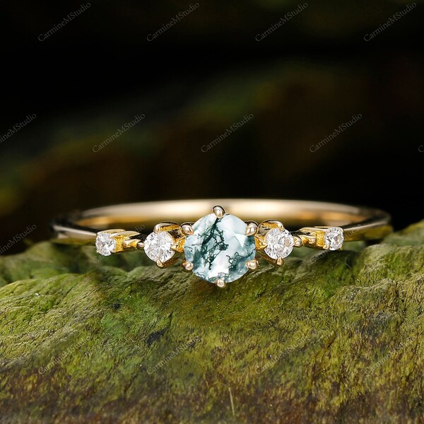 Green Gemstone Branch Bridal Ring Jewelry Art Deco Leaf White Gold Moss Agate Engagement Ring Danity Moss Green Agate Cluster Promise Ring