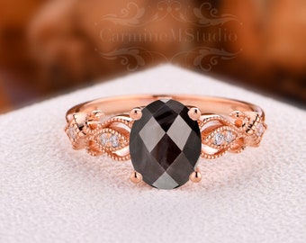 Unique Design Rose Gold Wedding Band, 2.1ct Black Sapphire Engagement Ring, Wedding Ring in  14k/18k Gold, Bridal Promise Ring, Presents