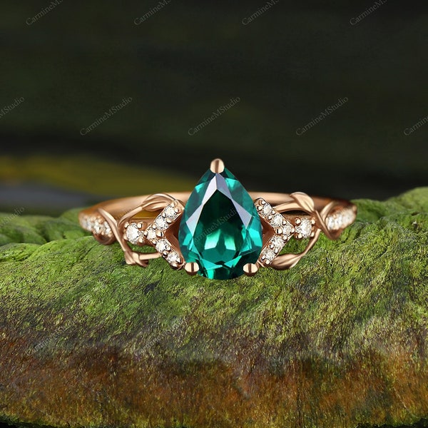 Twig Ring Emerald Engagement Wedding Ring Women Round Cut Moissanite Diamond Unique Anniversary Promise Bridal Ring Vintage Pear Cut Ring