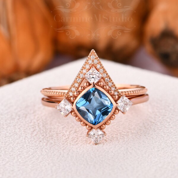 Bezel Set 6 Stones Topaz Bridal Set in 14k Rose Gold, 1.1ct Cushion Natural London Blue Topaz Wedding Set, Engagement Ring, Gorgeous Ring