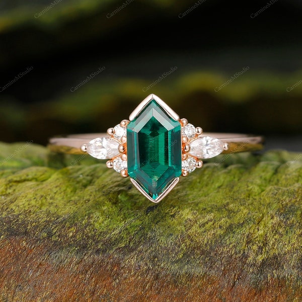 Unique Half Bezel Set Anniversary Ring Lab Grown Emerald Engagement Ring Rose Gold for Women Art Deco Design Moissanite Diamond Bridal Ring