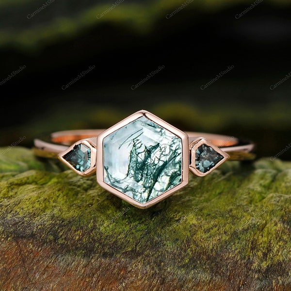 Unique Anniversary gifts Vintage 7mm Hexagon shaped moss agate engagement ring Art deco solid 14K 18K gold cluster green agate jewelry ring