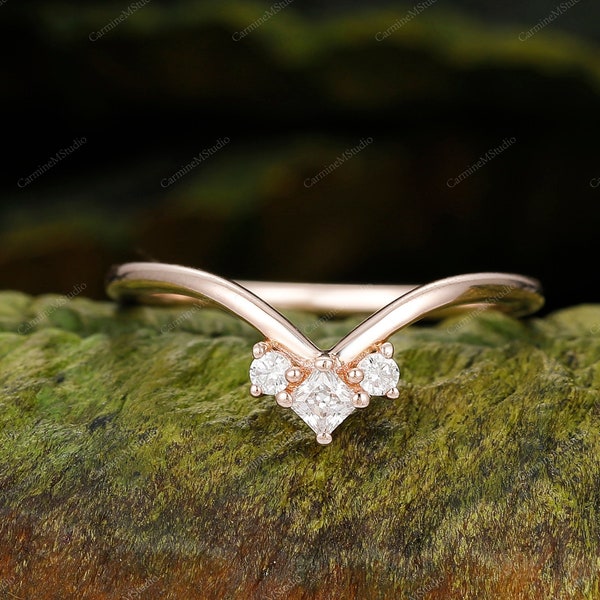 Square Cut Moissanite Diamond Wedding Band Solid Gold Band Vermeil Ring Diamond Ring Enhancer, Tiara Style 3 Moissanite Diamonds Ring Guard