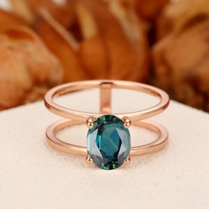 Double Band Natural Teal Sapphire Wedding Ring Rose Gold, 6x8mm Oval Natural Sapphire Engagement Ring, Promise Ring, Birthstone Event Ring
