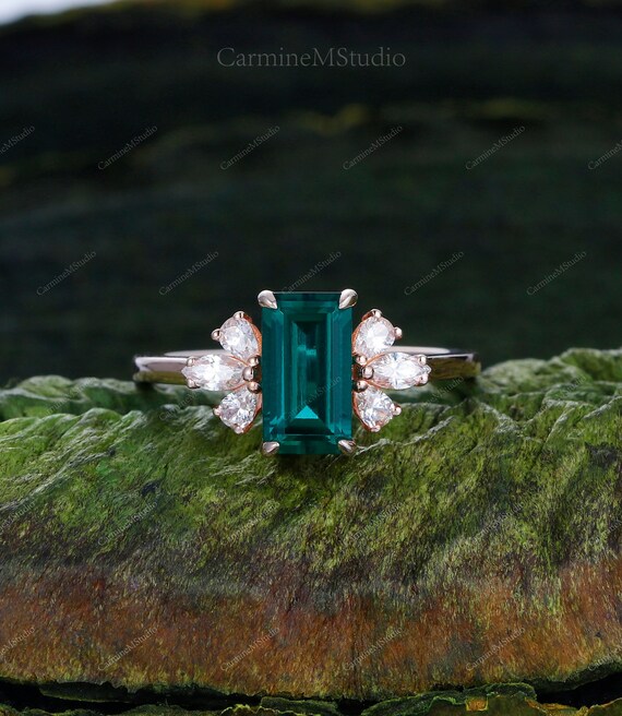 Emerald Engagement Ring 14k Gold Cluster Emerald Cut Emerald Ring
