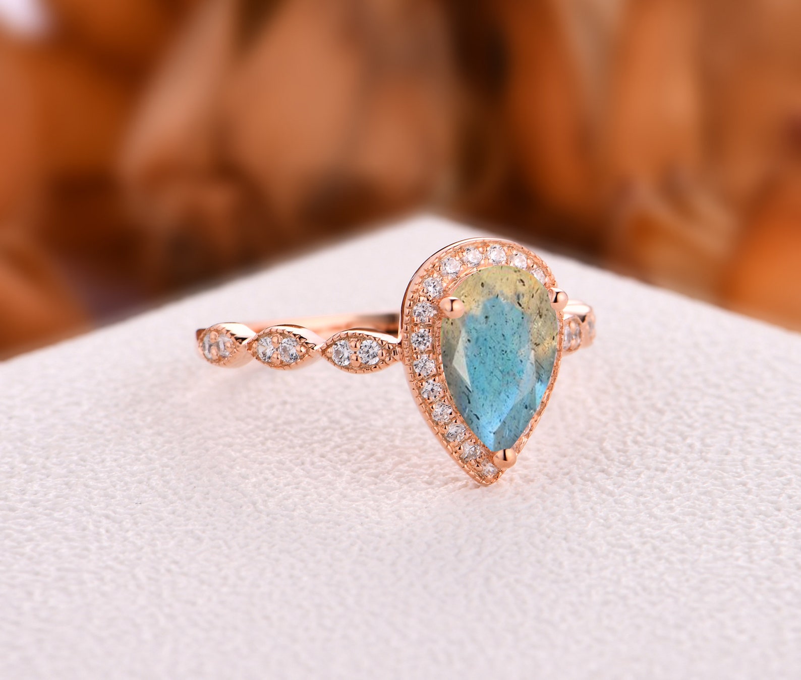 Women's Ring, Vintage Promise Proposal Ring, Pear Cut Labradorite