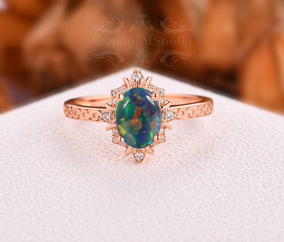 1.5ct Oval Green Gemstone Wedding Ring Opal Ring Stripe Green