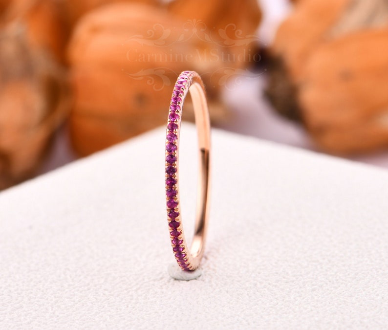 Full Eternity Ruby Stacking Ring Vintage Rose Gold Red Gemstone Ring July Birthstone Ring Matching Ring Band Natural Ruby Wedding Band