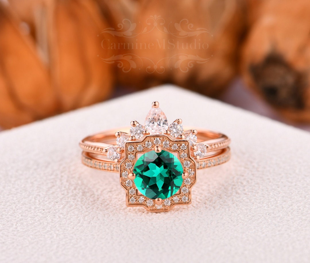 Vintage Emerald Bridal Sets Stackable Ring Round Cut Emerald Etsy
