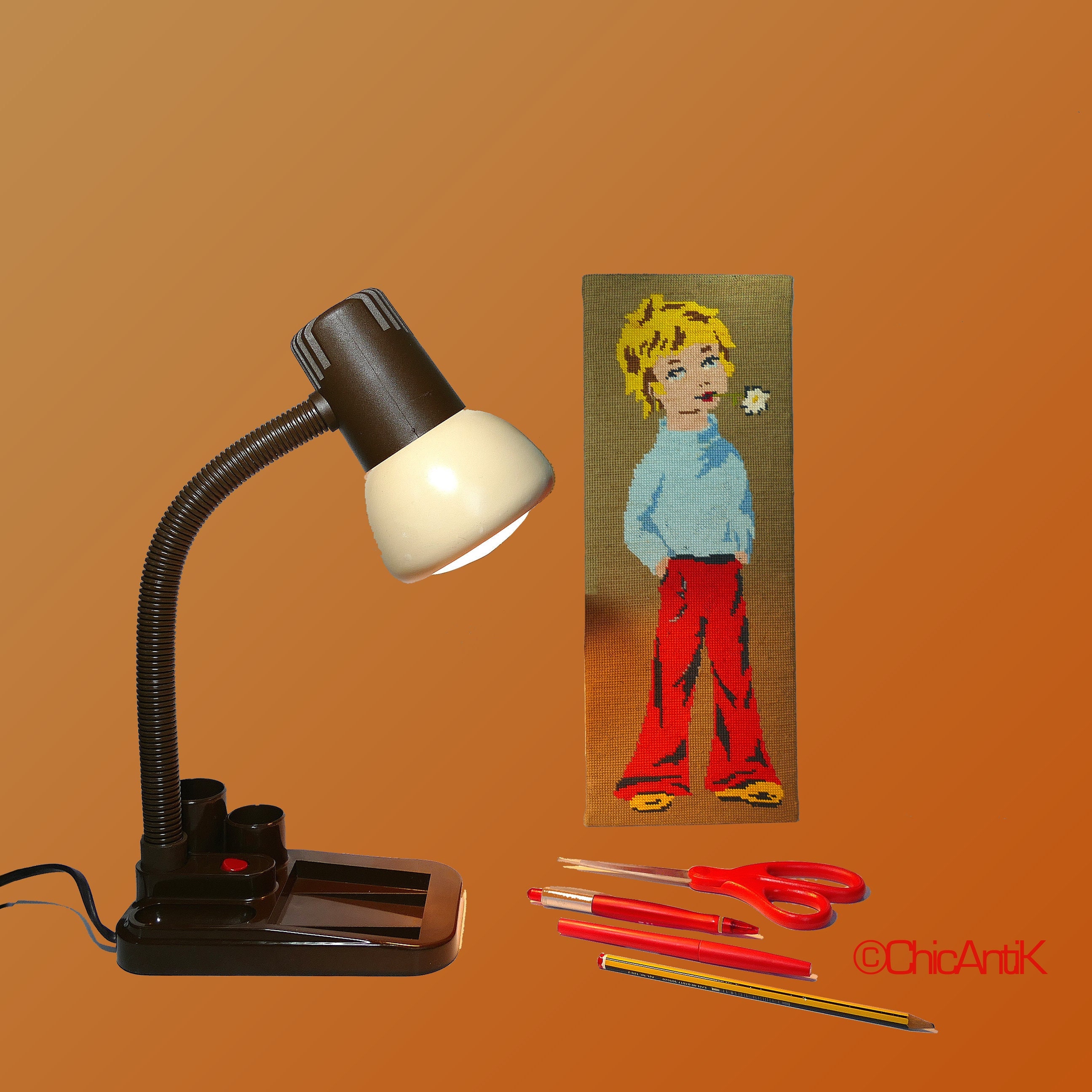 Lampe de Bureau Organisateur Vintage 1970 Marron et Beige