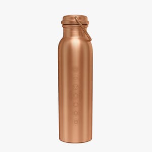 May include: A copper water bottle with a carrying handle. The bottle has a brushed finish and a design of circles on the side.