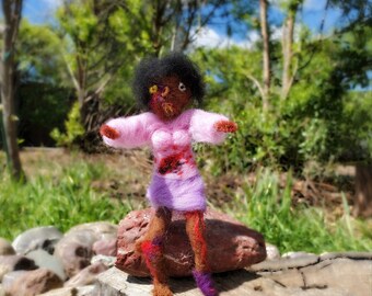 Needle Felted Zombie Monster Girl Doll, Poseable Soft Vudu Figure, Creepy Office Decor