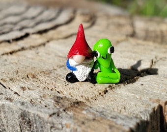 Tiny Micro Gnome and Miniature  Alien Friend Figurine for Fairy Garden or Terrarium