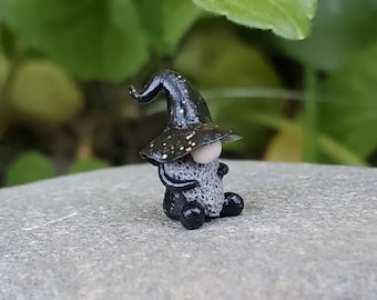 Teeny Tiny Micro Black Wizard Gnome, Fairy Garden Figurine for Terrarium, Worlds Smallest Gnome