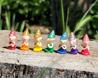 Teeny Tiny Micro Meditating Gnome, Rainbow Fairy Garden Gnome, Tiny Zen Meditation Praying Terrarium Figurine