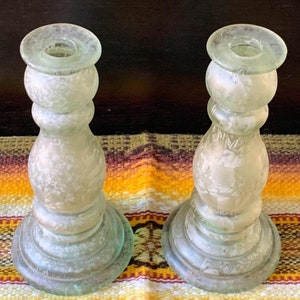 Spain, Pair of Glass Candle Holders, Spindle Style Recycled Glass Candlestick Holders / Vases, Light Green with Frosted Look, Spanish Glass