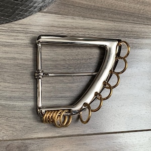 Italy, Belt Making Buckle, Silver & Gold Belt Buckle, 3-3/4&quot; wide Silver Metal Buckle with Dangling Gold Rings, Maximum Belt Width 2-3/8&quot;